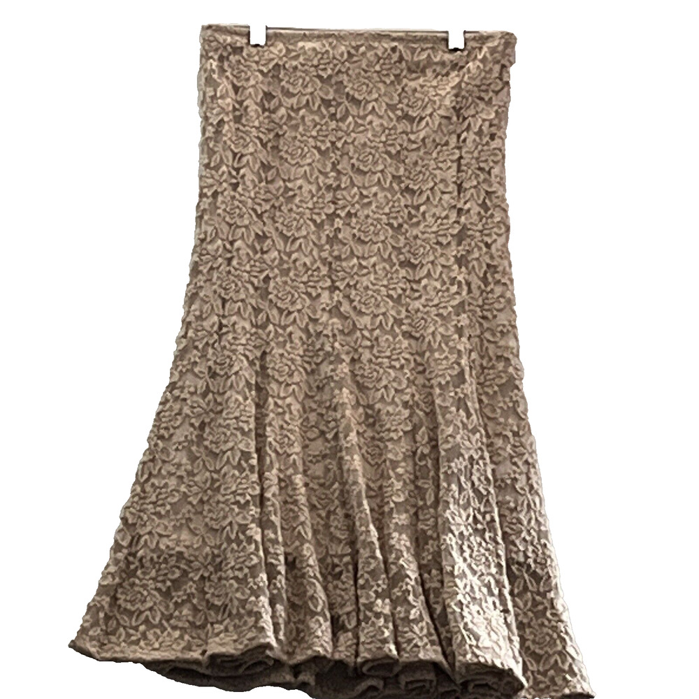Icy Midi Skirt Sz Medium Lace Crochet Overlay Flare Swing Beige PullOn Feminine